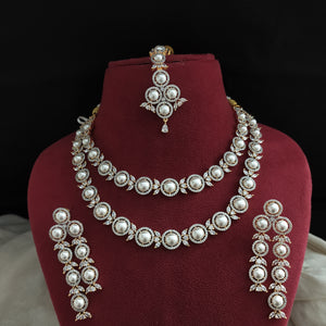 Diamond Finish Double Layer Zircon Necklace with Pearls | Bridal Set with Earrings & Tikka