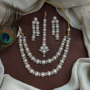 Diamond Finish Double Layer Zircon Necklace with Pearls | Bridal Set with Earrings & Tikka