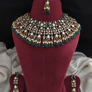 Victorian Moissanite Bridal Necklace Set with Swarovski Pearl Drops – Navaratan, White & Ruby | Matching Earrings & Tikka