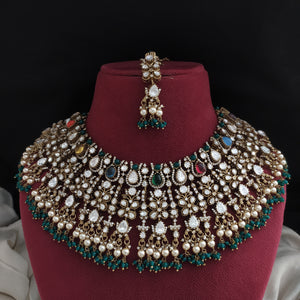 Victorian Moissanite Bridal Necklace Set with Swarovski Pearl Drops – Navaratan, White & Ruby | Matching Earrings & Tikka