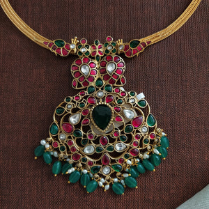 Jadau Kundan Chain Necklace Set with Center Pendant
