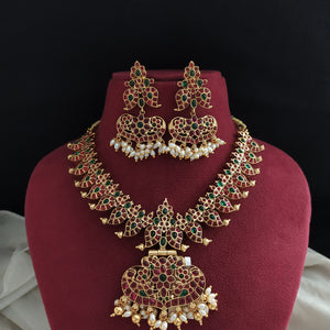 Traditional Mango Design Reversible Kemp Necklace | Real Pearls | Dual Earrings Set