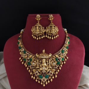 Antique Nakshi Lakshmi Necklace Set | Green & Kemp Stones | Golden Ball Hangings
