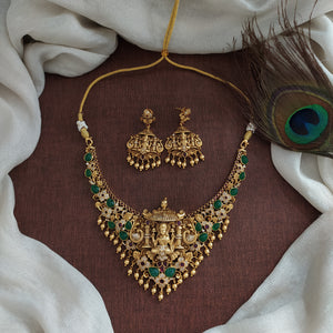 Antique Nakshi Lakshmi Necklace Set | Green & Kemp Stones | Golden Ball Hangings