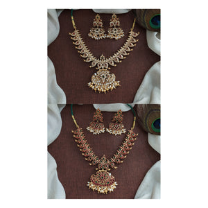 Traditional Mango Design Reversible Kemp Necklace | Real Pearls | Dual Earrings Set