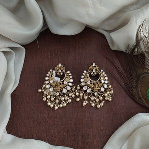 Moissanite Lakshmi Chandbali Earrings in Victorian Finish – With Swarovski Pearl Drops | Available in Green, Red, White, Mint, Violet, Baby Pink