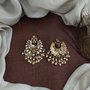 Moissanite Lakshmi Chandbali Earrings in Victorian Finish – With Swarovski Pearl Drops | Available in Green, Red, White, Mint, Violet, Baby Pink