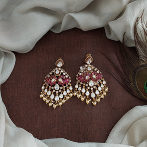Moissanite Long Earrings with Swarovski Pearl Drops – Ruby & Blue Statement Earrings