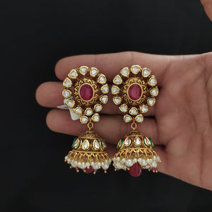 Exquisite Kundan Jhumki – Antique & Meenakari Work with Pearl Drops