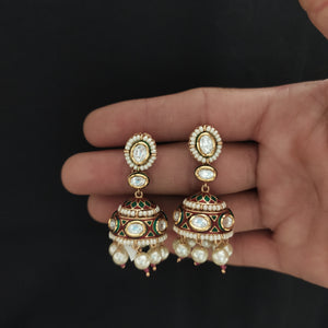 Exquisite Kundan Jhumki with Meenakari Work & Pearl Drops