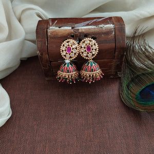 Kundan Jhumki Earrings with Meenakari Work | Available in Red-Green & Green
