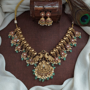 Antique Nakshi Peacock Necklace Set – Elegant Kemp &amp; Green Stone Design