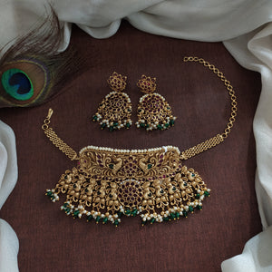 Antique Temple Jewelry Choker Set with Peacock Motifs, Kemp Stones & Green Onyx Beads