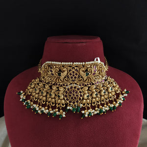 Antique Temple Jewelry Choker Set with Peacock Motifs, Kemp Stones & Green Onyx Beads