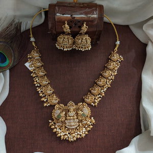 Antique Nakshi Work Lakshmi Necklace Set with Jhumki | Zircon & Peacock Motif Temple Jewelry