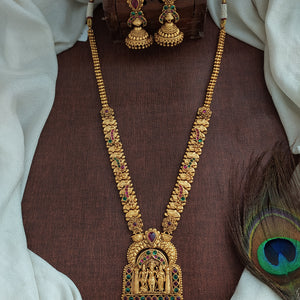 Antique Plain Gold Long Haram Set with Ram Parivar Pendant & Jhumki