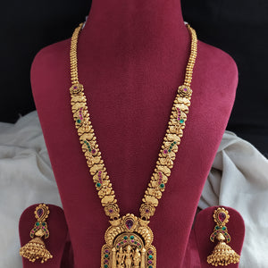 Antique Plain Gold Long Haram Set with Ram Parivar Pendant & Jhumki