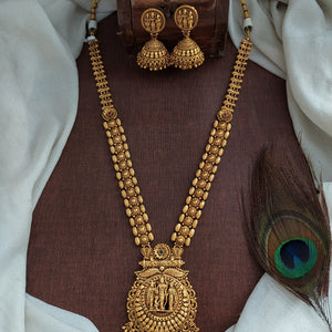Antique Plain Gold Long Haram Set with Ram Parivar Pendant & Jhumki