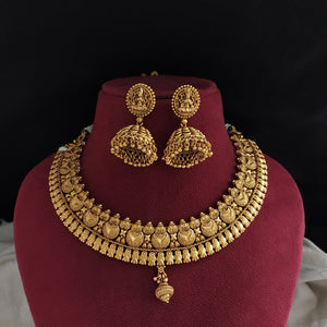 Antique Gold Necklace Set with Lakshmi Jhumka | Kemp & Green Stones | Non-Idol Necklace Design