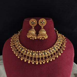 Antique Gold Necklace Set with Jhumki | Kemp & Green Stones | Non-Idol Temple Jewellery
