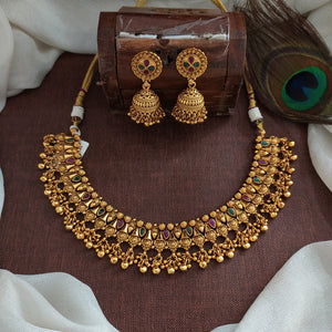 Antique Gold Necklace Set with Jhumki | Kemp & Green Stones | Non-Idol Temple Jewellery
