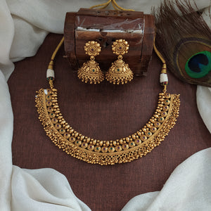 Plain Gold Look-Alike Floral Necklace Set with Jhumki Full Gold Temple Jewellery for Festive Wear