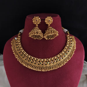 Plain Gold Look-Alike Floral Necklace Set with Jhumki Full Gold Temple Jewellery for Festive Wear