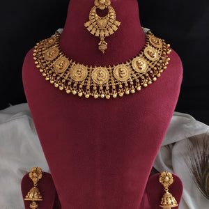 Plain Gold Look-Alike Floral Necklace Set with Jhumki & Chandbali  Tikka | Full Gold Temple Jewellery for Festive Wear