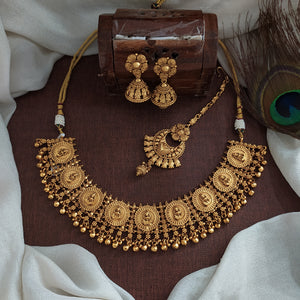 Plain Gold Look-Alike Floral Necklace Set with Jhumki & Chandbali  Tikka | Full Gold Temple Jewellery for Festive Wear