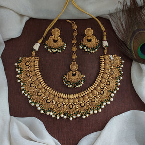 Plain Gold Look-Alike Floral Necklace Set with Chandbali Earrings & Tikka | Pearl & Green Hydro Bead Drops