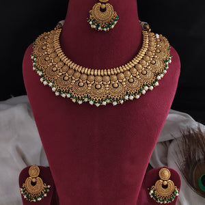 Plain Gold Look-Alike Floral Necklace Set with Chandbali Earrings & Tikka | Pearl & Green Hydro Bead Drops
