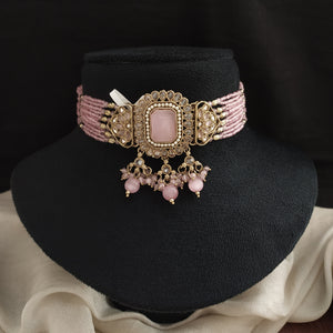 Mehendi Polish Beaded Choker Set | Party Wear Jewellery with Jhumki & Tikka