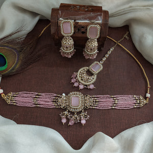 Mehendi Polish Beaded Choker Set | Party Wear Jewellery with Jhumki & Tikka