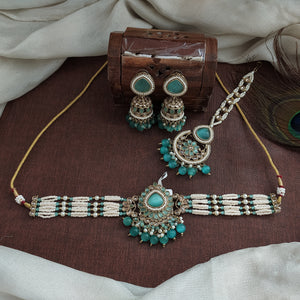 Mehendi Polish Beaded Choker Set with Jhumki & Tikka | Party Wear Jewellery