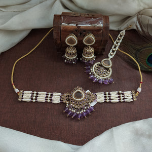 Mehendi Polish Beaded Choker Set with Jhumki & Tikka | Party Wear Jewellery