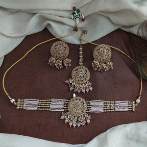 Mehendi Polish Beaded Choker Set | Party Wear Jewelry | With Studs & Tikka