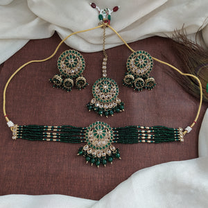 Mehendi Polish Beaded Choker Set | Party Wear Jewelry | With Studs & Tikka