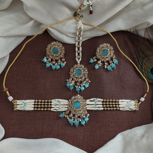 Mehendi Polish Beaded Choker Set | Party Wear Jewellery | With Studs & Tikka