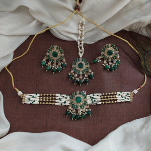 Mehendi Polish Beaded Choker Set | Party Wear Jewellery | With Studs & Tikka