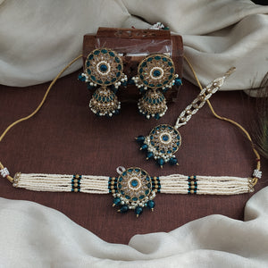 Mehendi Polish Beaded Choker Set | Party Wear Jewellery | With Jhumki & Tikka