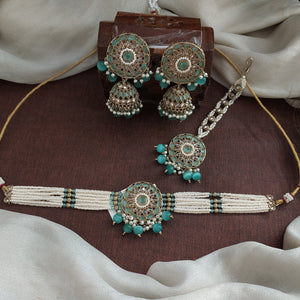 Mehendi Polish Beaded Choker Set | Party Wear Jewellery | With Jhumki & Tikka