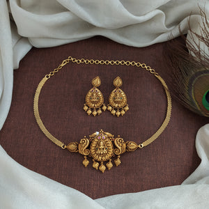 Antique Lakshmi Mini Choker Set with Earrings – Antique Gold Finish