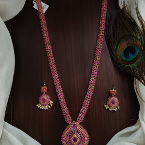 Zircon Long Necklace With Real Pearls Hydro Ruby Color 