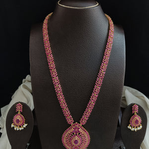 Zircon Long Necklace With Real Pearls Hydro Ruby Color 