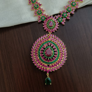 Zircon Long Necklace Set in Ruby & Green