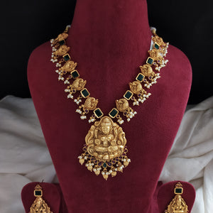 Gold-plated Necklace With Lord Lakshmi & Small Pearls in Red, Green Color
