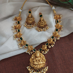Gold-plated Necklace With Lord Lakshmi & Small Pearls in Red, Green Color