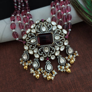 Ruby Color Silver Monzonite Mala Set 