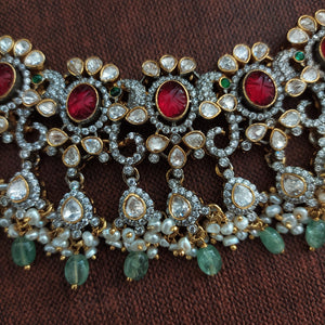 Mint and Ruby Color Silver Monzonite Necklace Set