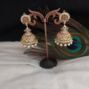 Stunning Gold Plated Jhumka With Zircon Stones With Pearl Drops